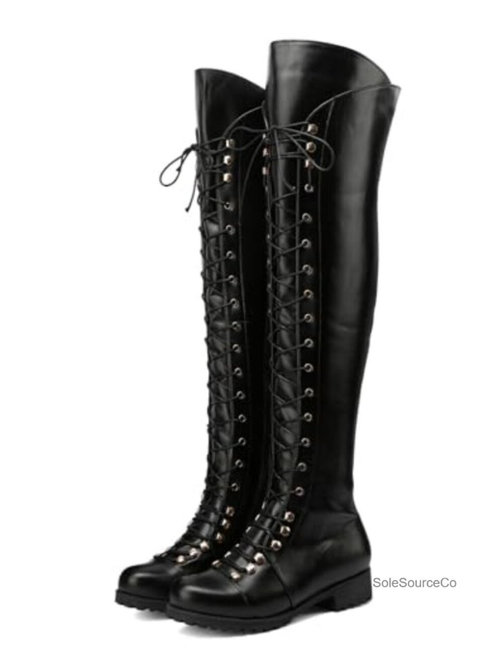 Over The Knee Boots Square Toe Lace Up Side Zipper Low Heel Faux Leather